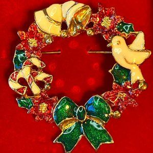 Poinsettia Wreath Brooch - with Doves, Bells, and Candy Canes